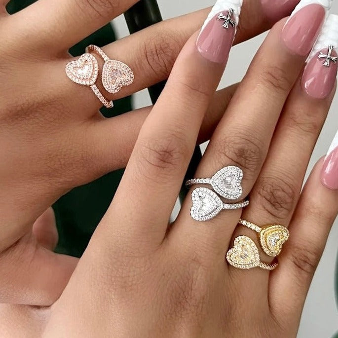 Bague Plaqué Or Deux Coeurs Scintillants