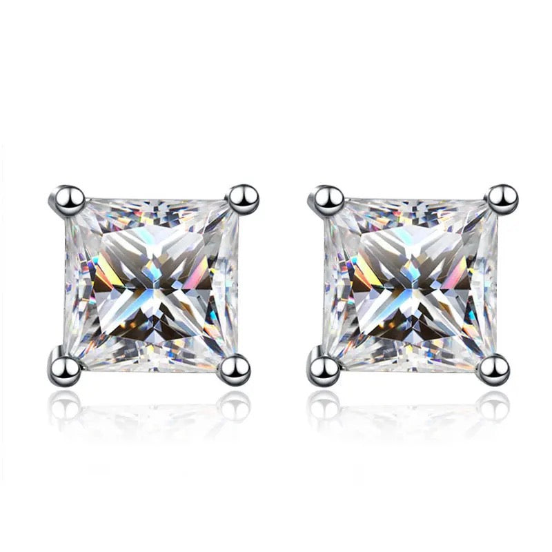 Boucles d'oreilles en argent Moissanite Diamond Cut Princess