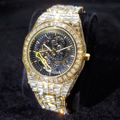 Gold Plated Baguette Diamonds Royal Skeleton watch