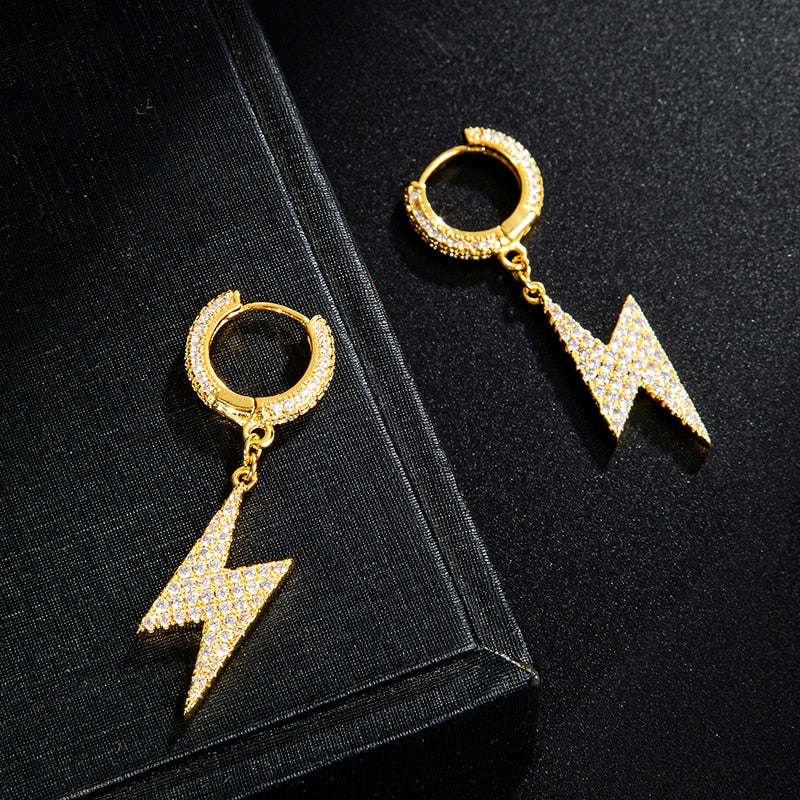 Gold Plated Iced Out Lightning Hoop Earrings
