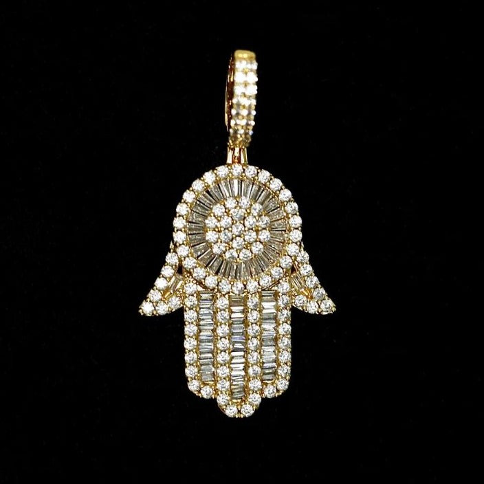 Gold Plated Iced Out Baguette Hamsa Pendant