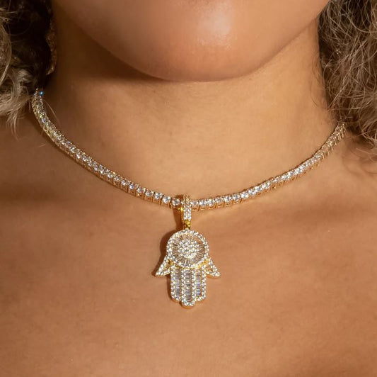 Baguette Diamond Hamsa hand with Tennis chain | Gold plated