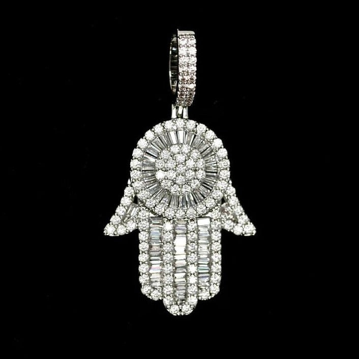 White Gold Plated Iced Out Baguette Hamsa hand Pendant