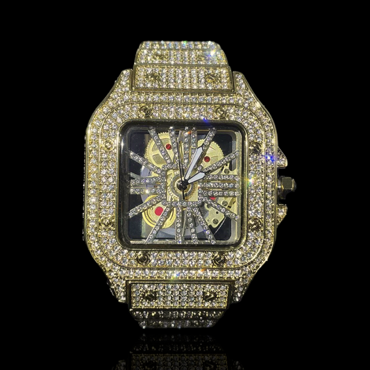 Fully Iced Out Gold Plated King Square Skeleton Watch