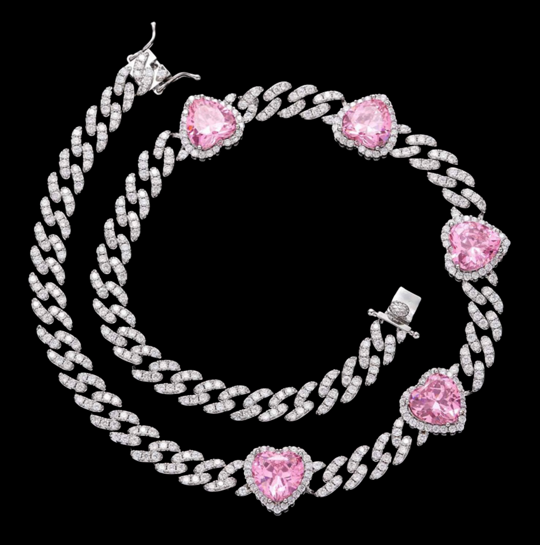 Iced Out Pink Diamond Heart Cuban Chain