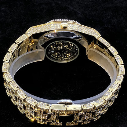Montre Squelette Automatique Fully Iced Out Plaquée Or