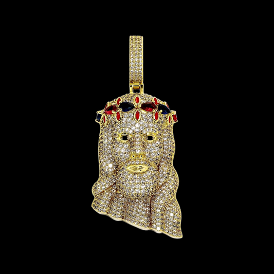 Gold Plated Jesus Pendant with Ruby and Sapphire stones