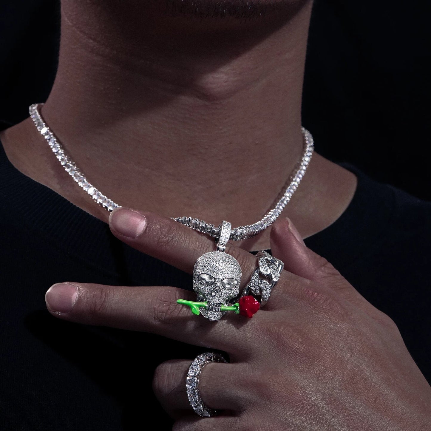 Silver Moissanite Diamond Skull with Rose