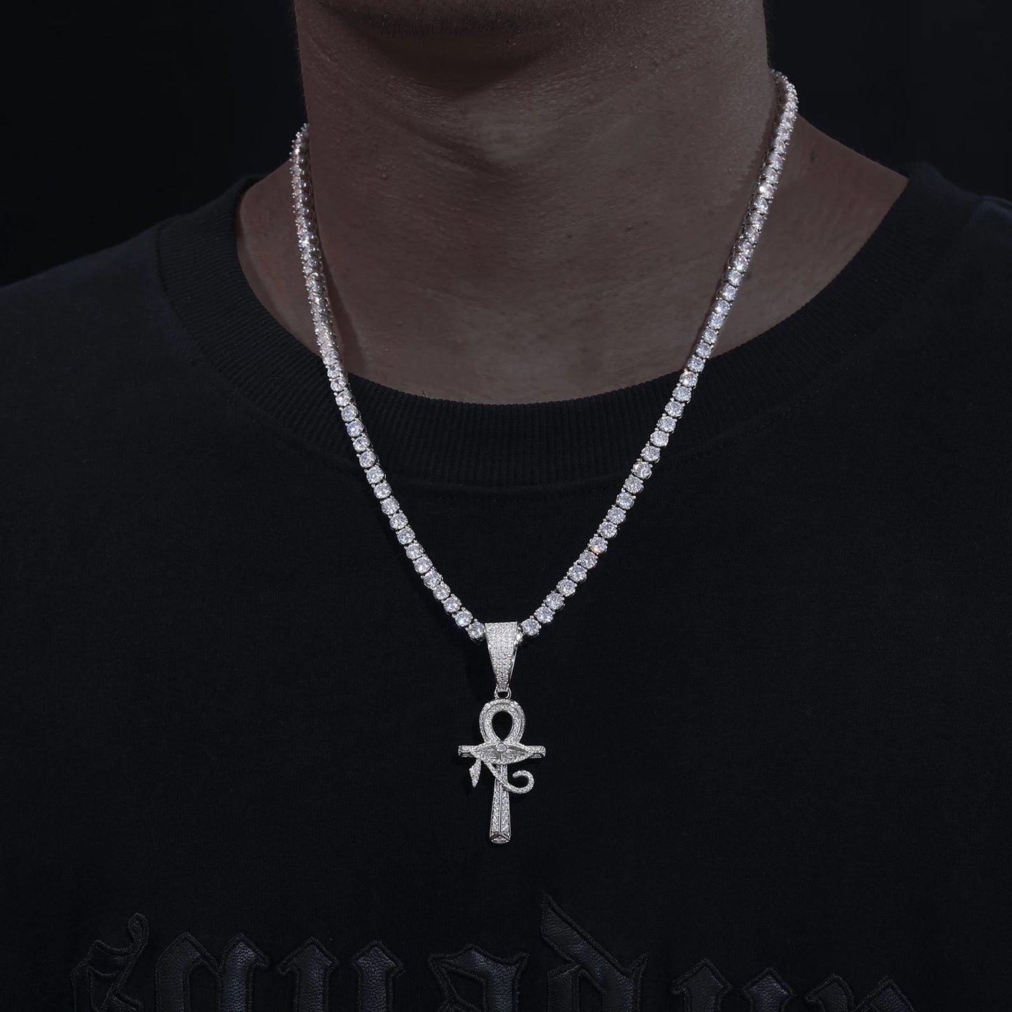 Silver Moissanite Diamond Ankh Cross Pendant