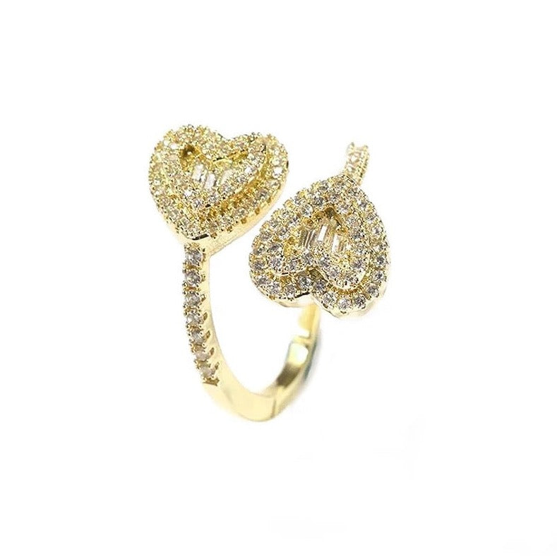 Gold Plated Two Sparkling Hearts Ring