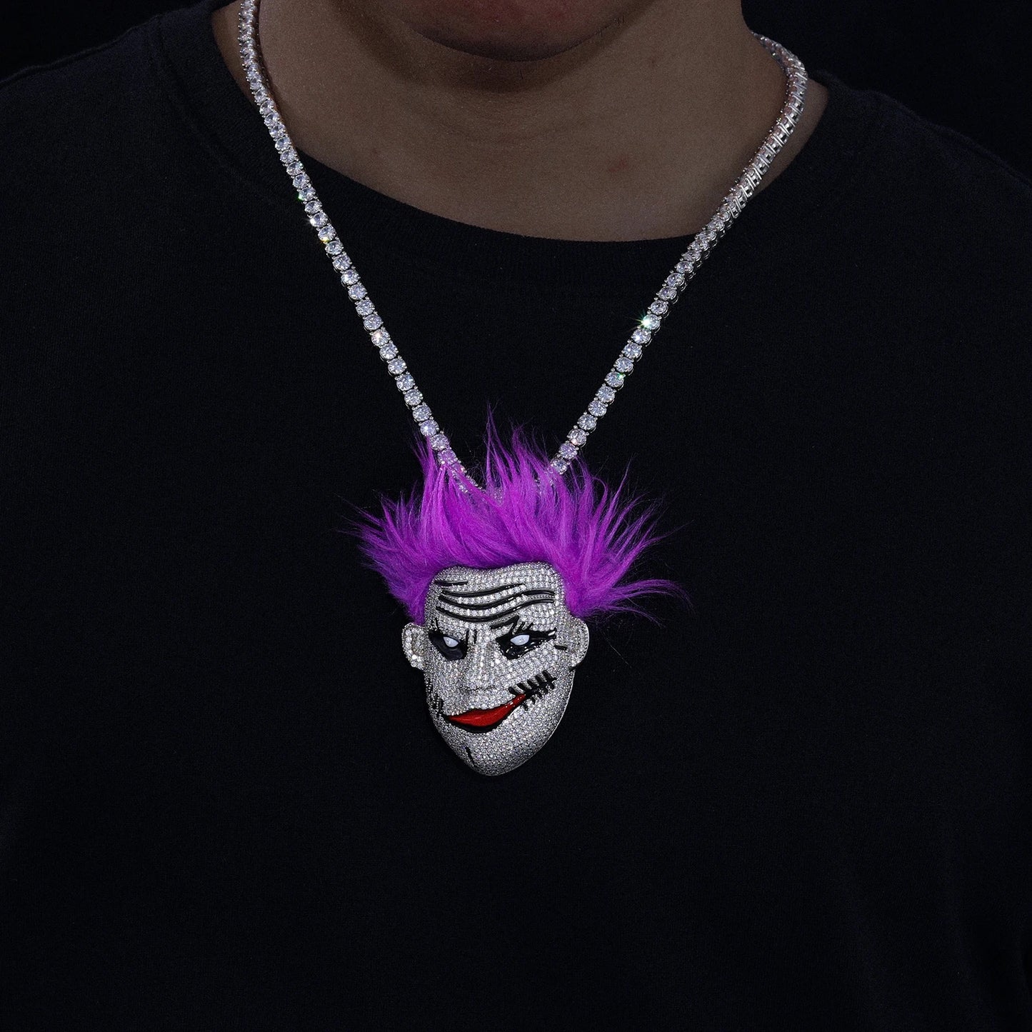 Joker face pendant with moissanite diamonds