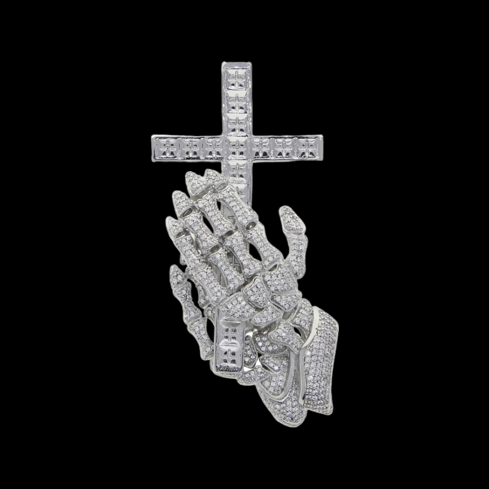 Cross Pendant With praying skeleton hands