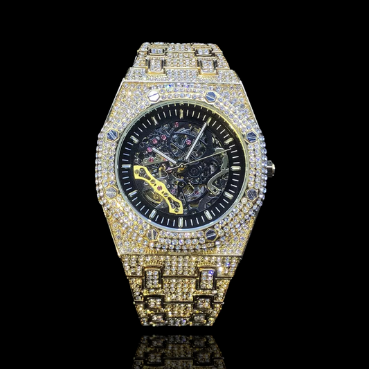 Montre Squelette Automatique Fully Iced Out Plaquée Or