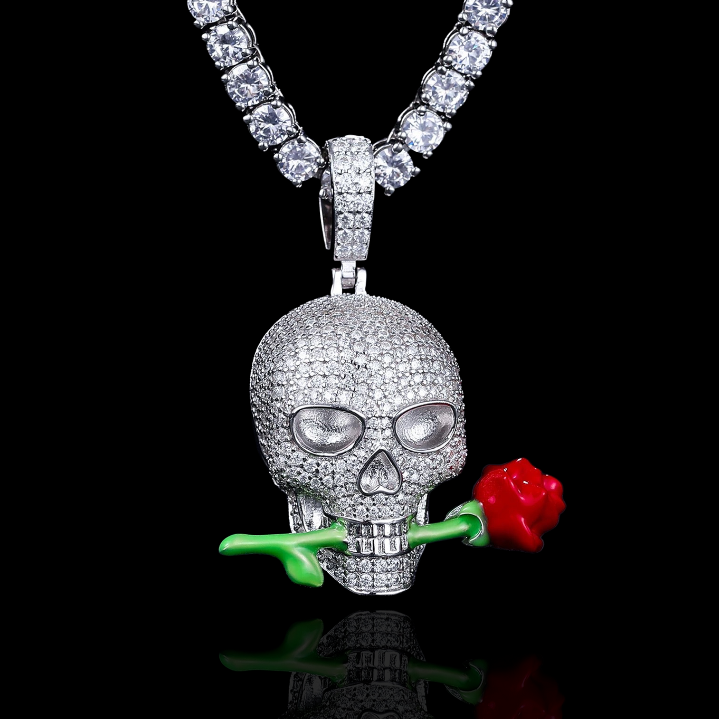 Silver Moissanite Diamond Skull with Rose