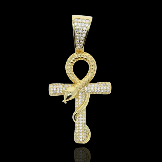 Gold Plated Iced Out Ankh Cross Pendant With Serpent
