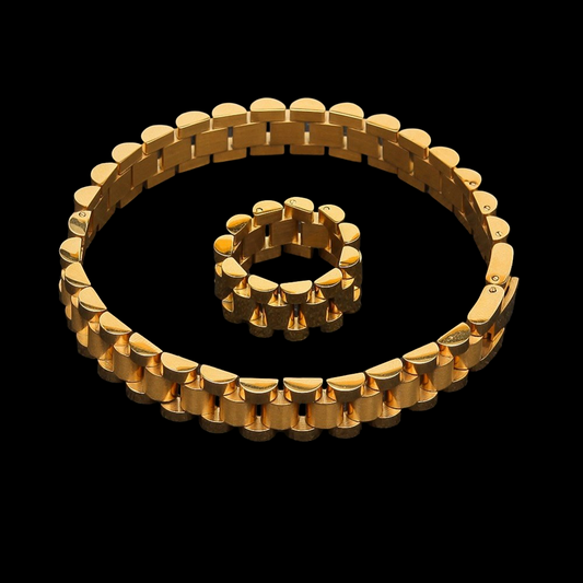 Gold Plated Presidential Bracelet + Ring Set