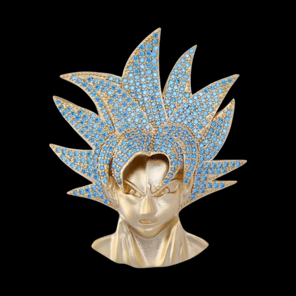 Pendentif bleu Super Saiyan plaqué or avec cheveux bleus