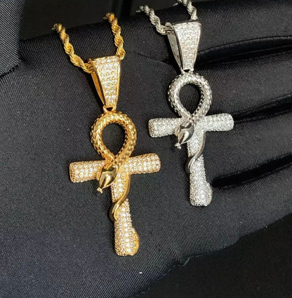 Gold Plated Iced Out Ankh Cross Pendant With Serpent