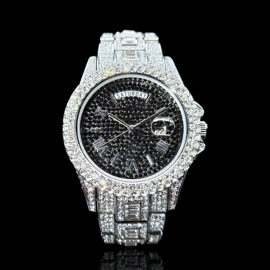 Diamanten Day-Date Horloge met Zwarte Wijzerplaat