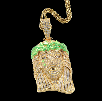 Gold Plated Jesus Pendant with green enamel