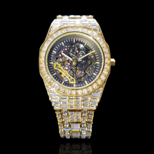 Gold Plated Baguette Diamanten Royal Skeleton horloge
