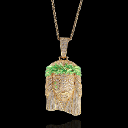 Gold Plated Jesus Pendant with green enamel