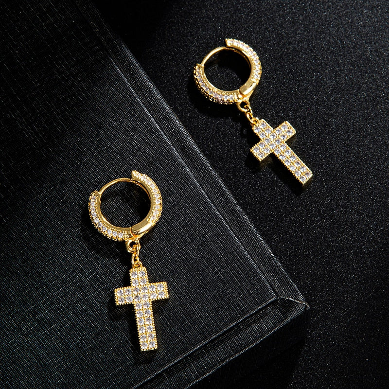 Gold Plated Iced Out Cross Hoop Earrings