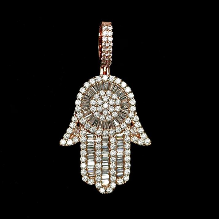 Rose Gold Plated Iced Out Baguette Hamsa Pendant
