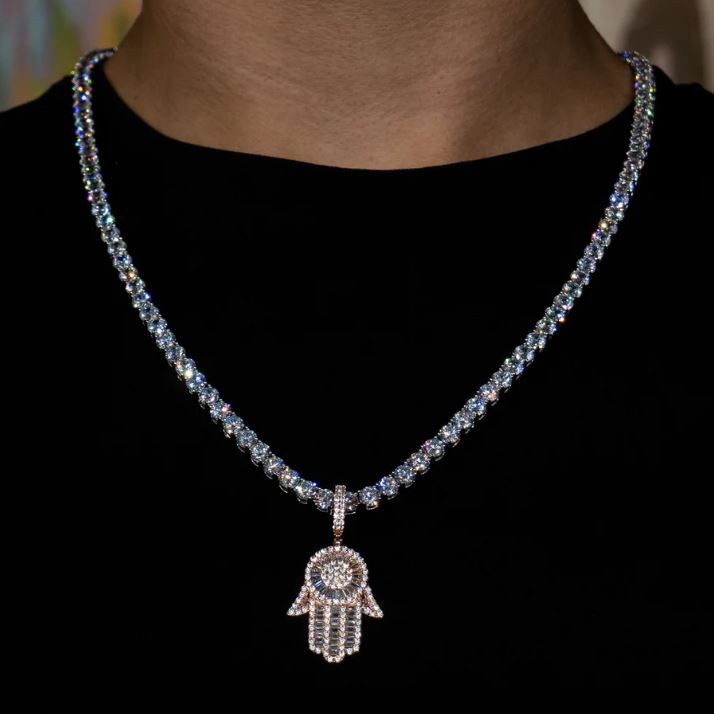 Rose Gold Plated Iced Out Baguette Hamsa Pendant