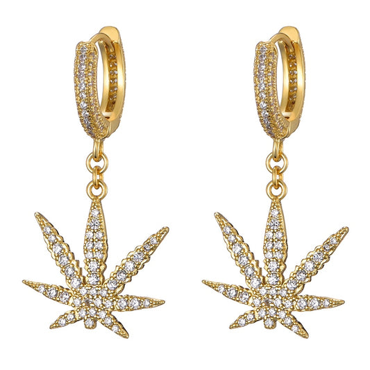 Gold Plated Iced Out Hemp Leaf Earrings