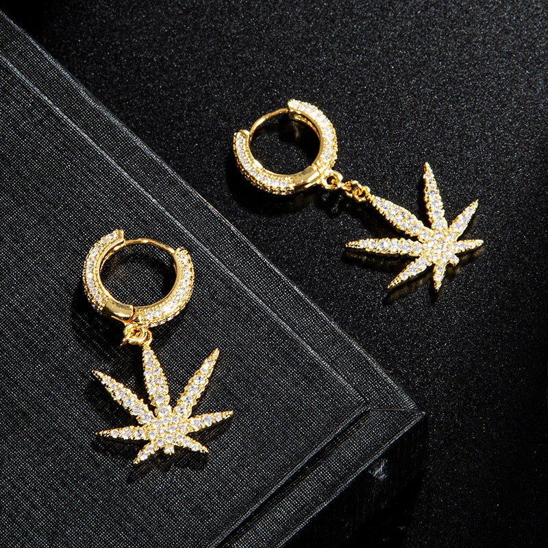 Gold Plated Iced Out Hemp Leaf Earrings
